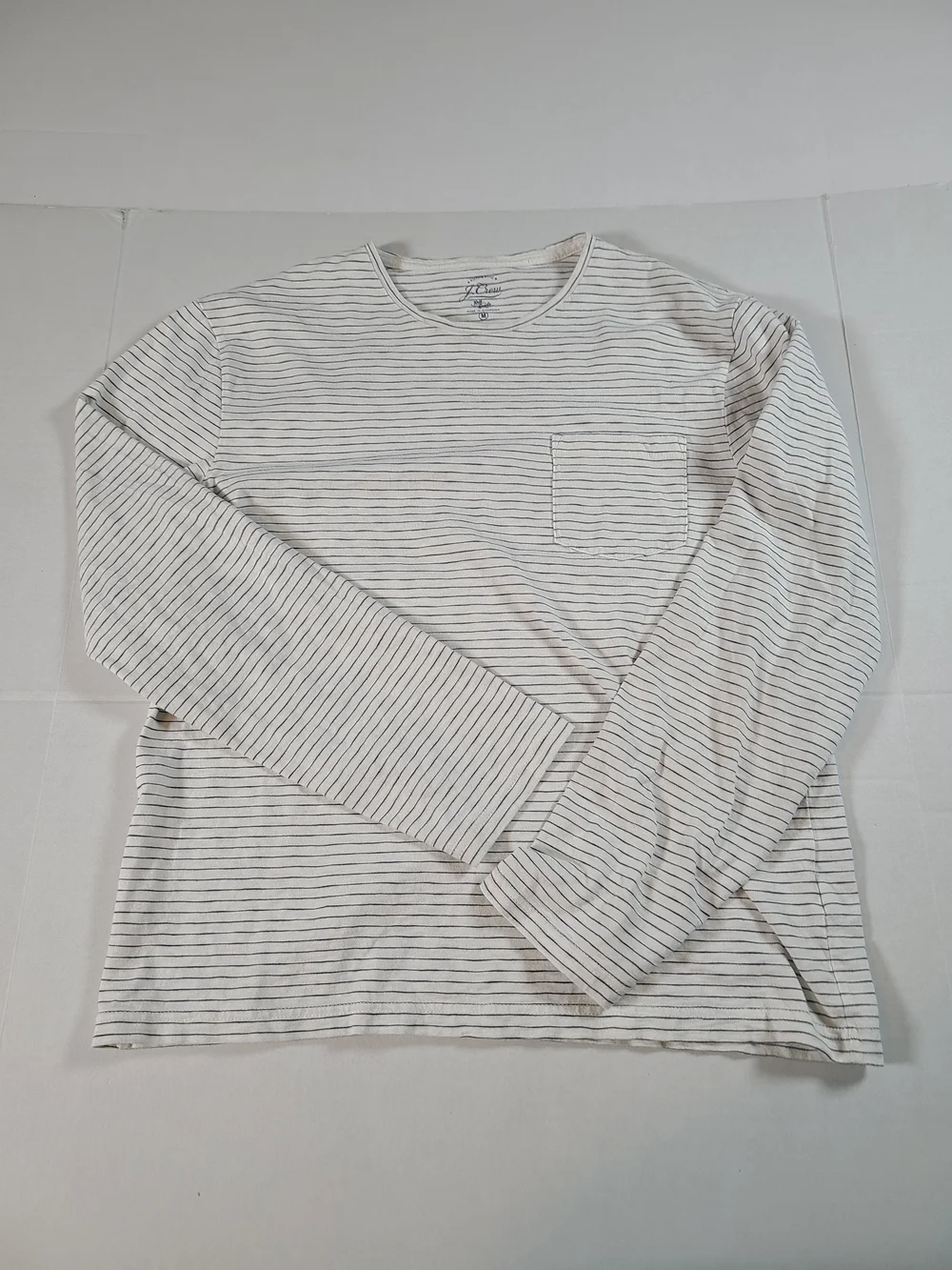 J. Crew Knit Goods Stylish Light Gray & White Striped Long-Sleeve Tee M Pocket